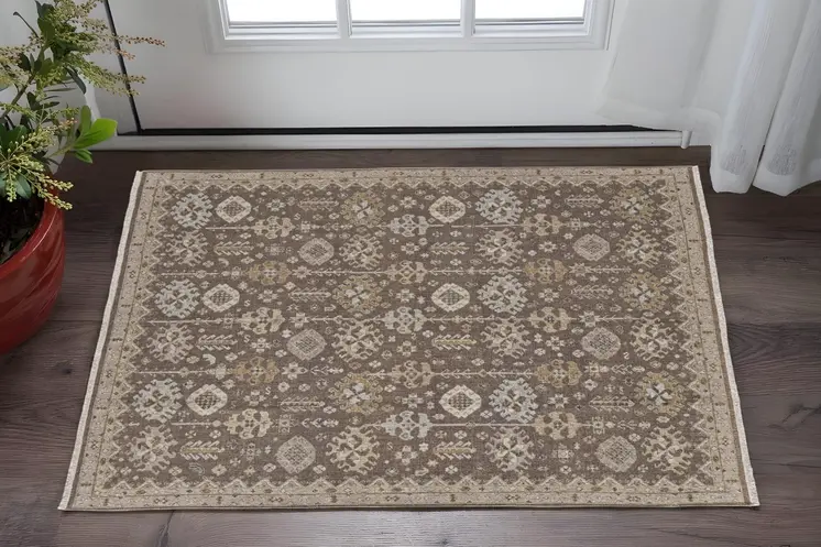 2' X 3' Tan and Brown Wool Oriental Hand Knotted Area Rug With Fringe