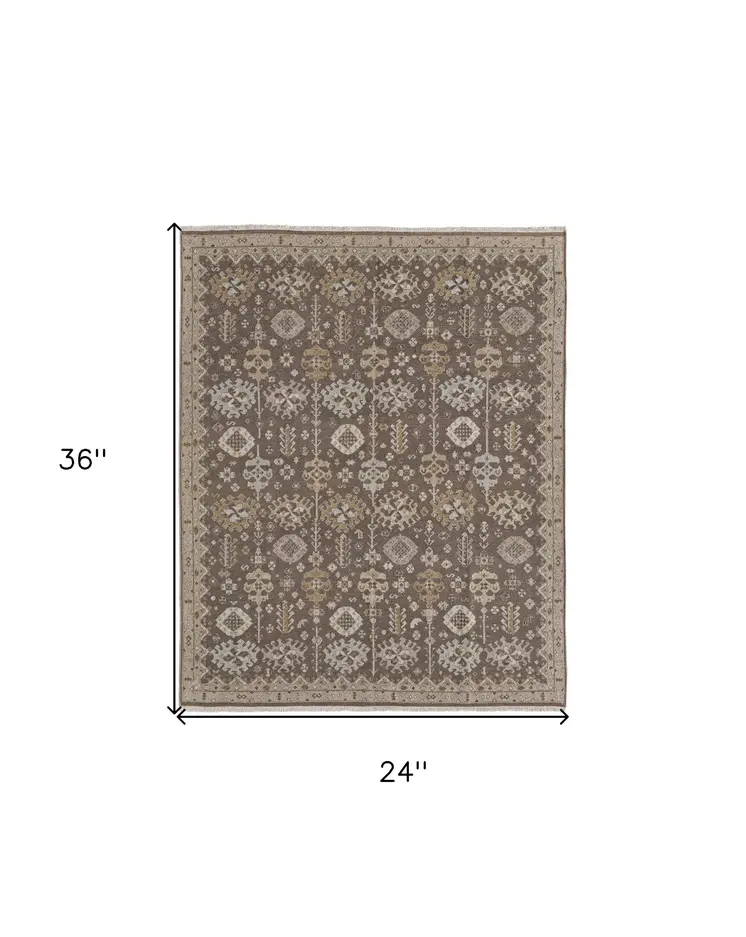 2' X 3' Tan and Brown Wool Oriental Hand Knotted Area Rug With Fringe
