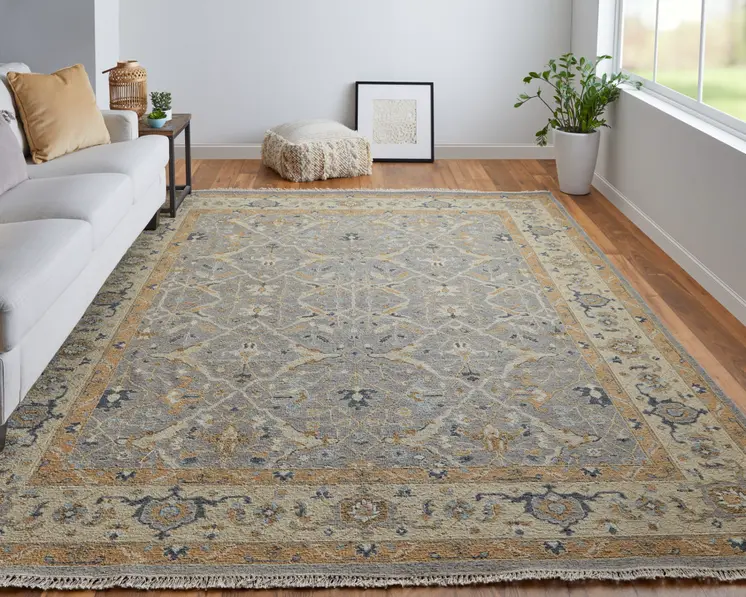 8' X 12' Tan and Gray Wool Oriental Hand Knotted Area Rug With Fringe