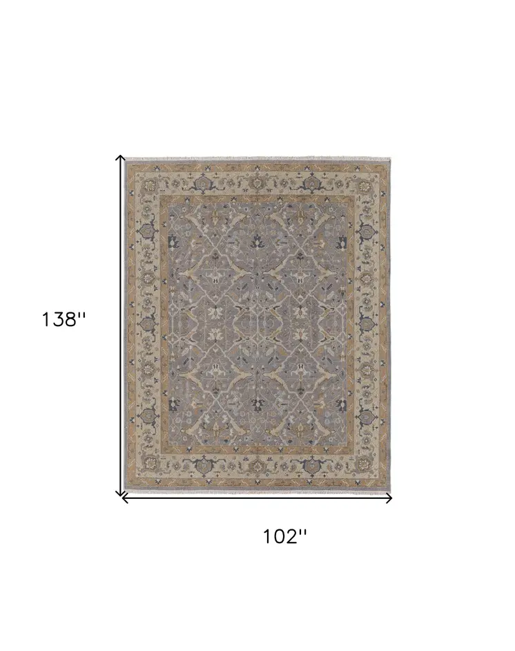 8' X 12' Tan and Gray Wool Oriental Hand Knotted Area Rug With Fringe