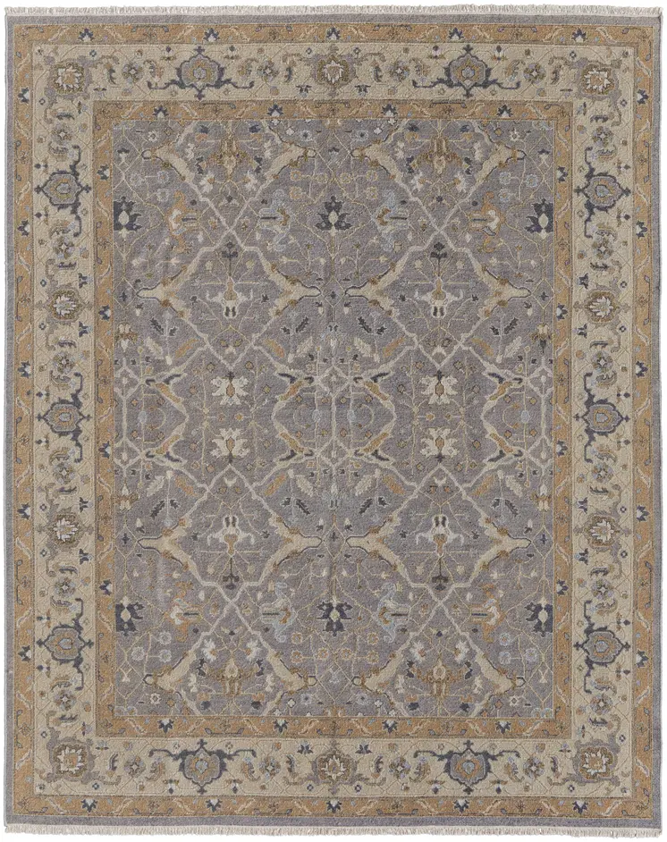 8' X 12' Tan and Gray Wool Oriental Hand Knotted Area Rug With Fringe