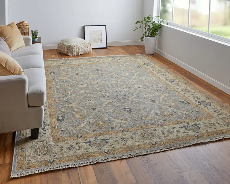 8' X 12' Tan and Gray Wool Oriental Hand Knotted Area Rug With Fringe