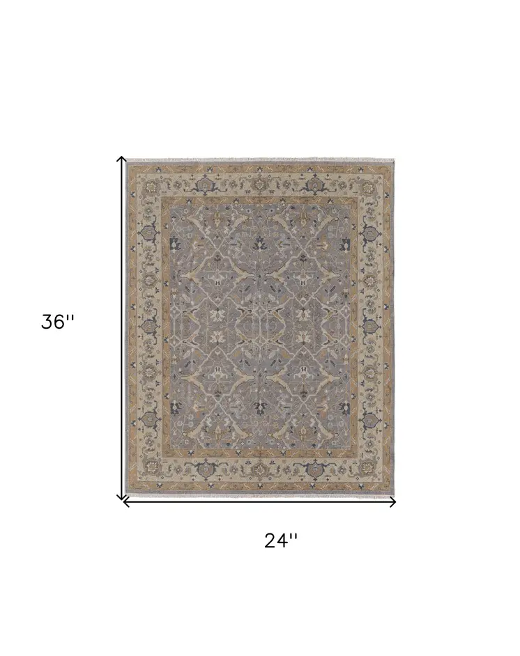 2' X 3' Tan and Gray Wool Oriental Hand Knotted Area Rug With Fringe