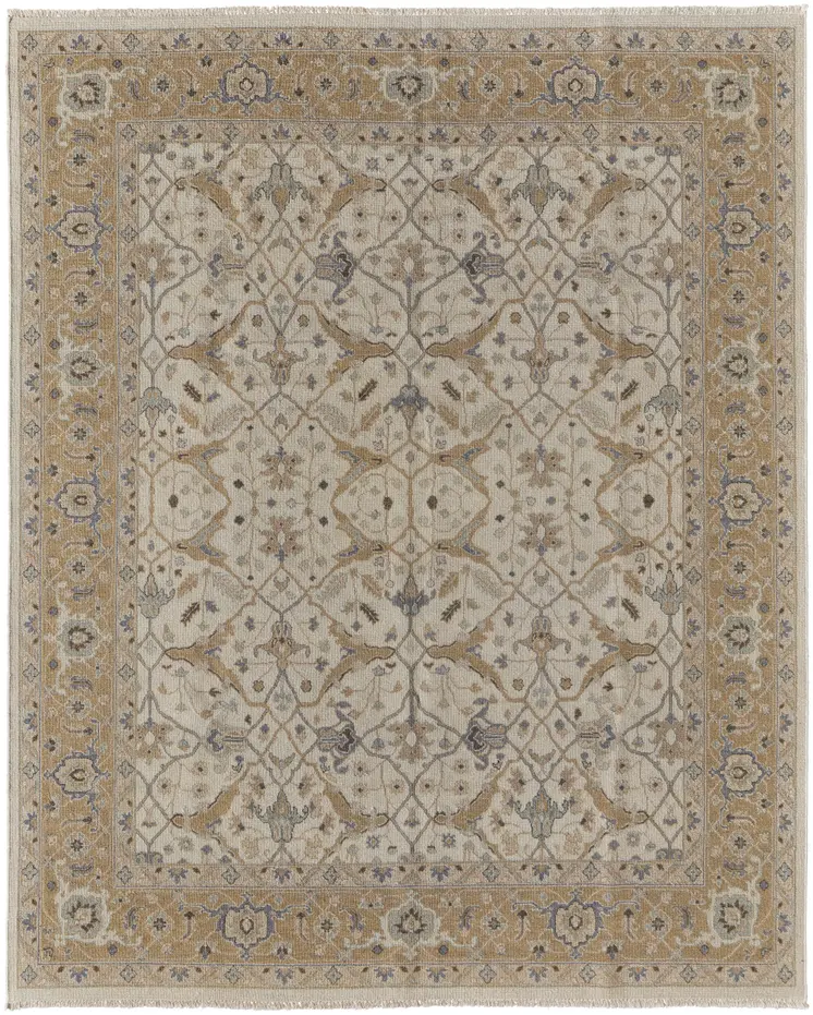4' X 6' Ivory Gray and Tan Wool Oriental Hand Knotted Area Rug With Fringe
