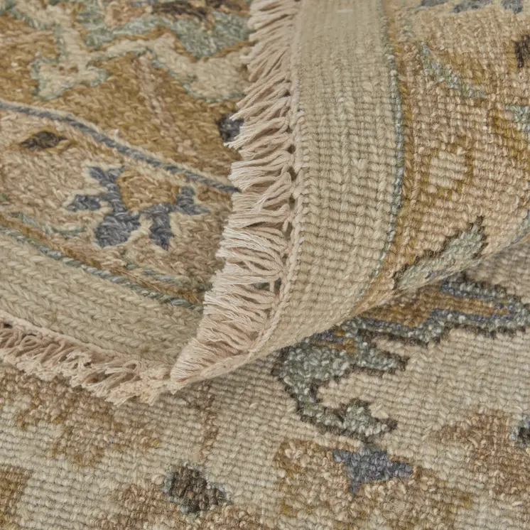 6' X 9' Ivory Gray and Tan Wool Oriental Hand Knotted Area Rug With Fringe
