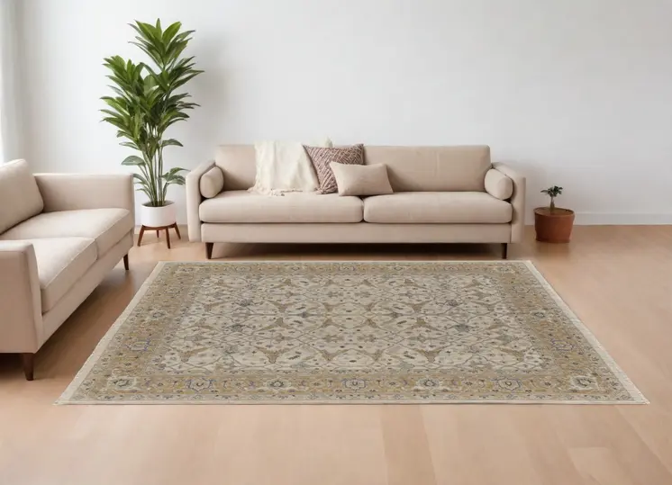 6' X 9' Ivory Gray and Tan Wool Oriental Hand Knotted Area Rug With Fringe