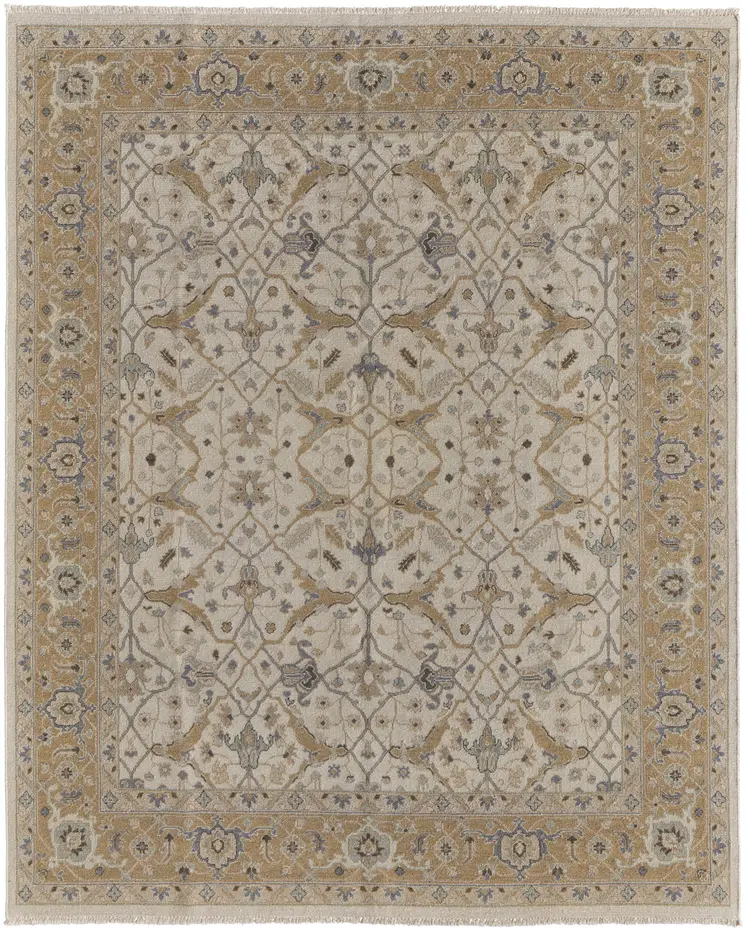6' X 9' Ivory Gray and Tan Wool Oriental Hand Knotted Area Rug With Fringe