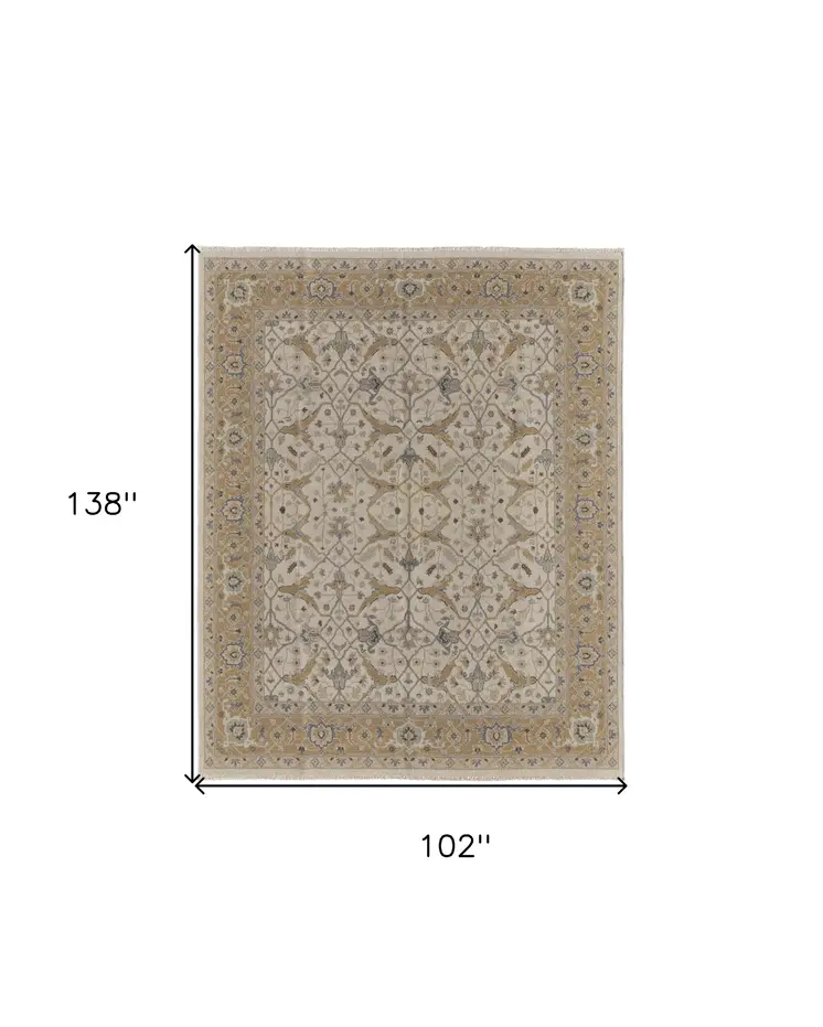 8' X 12' Ivory Gray and Tan Wool Oriental Hand Knotted Area Rug With Fringe