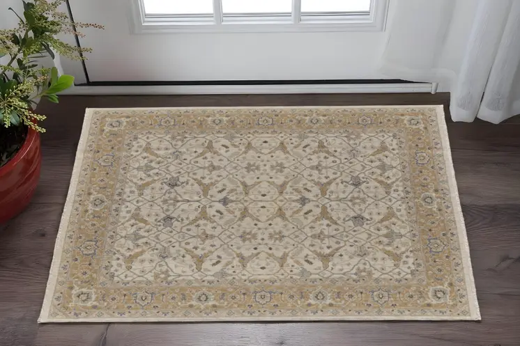 2' X 3' Ivory Gray and Tan Wool Oriental Hand Knotted Area Rug With Fringe