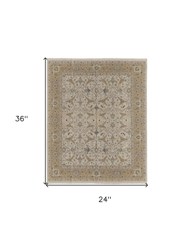 2' X 3' Ivory Gray and Tan Wool Oriental Hand Knotted Area Rug With Fringe