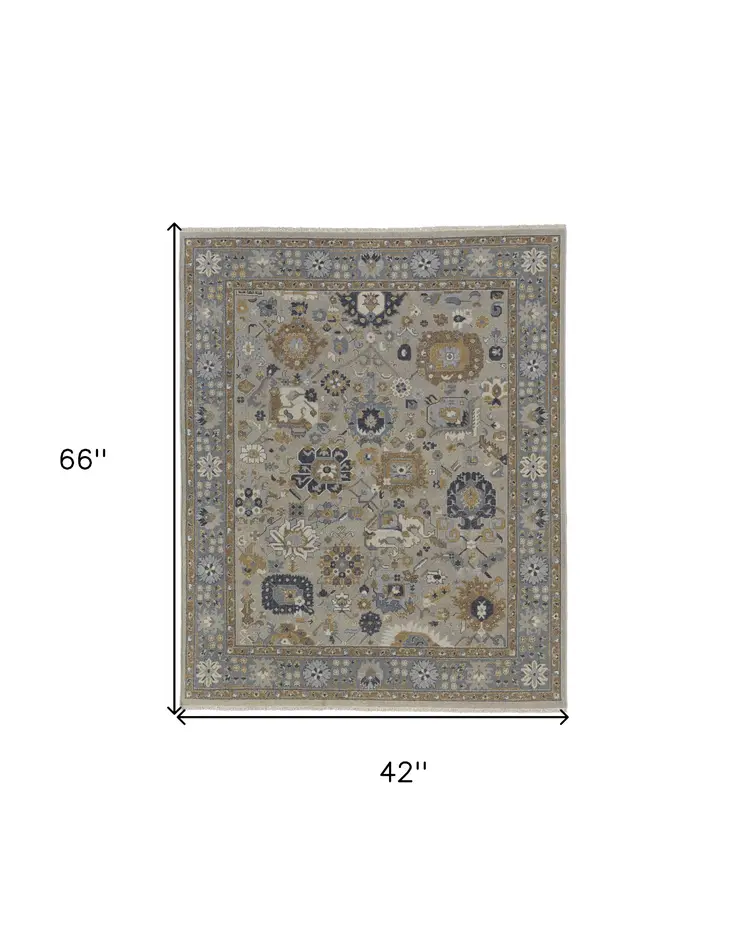 4' X 6' Gray and Brown Wool Oriental Hand Knotted Area Rug With Fringe