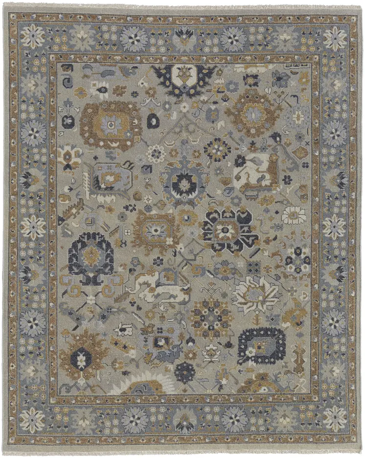 8' X 12' Gray and Brown Wool Oriental Hand Knotted Area Rug With Fringe