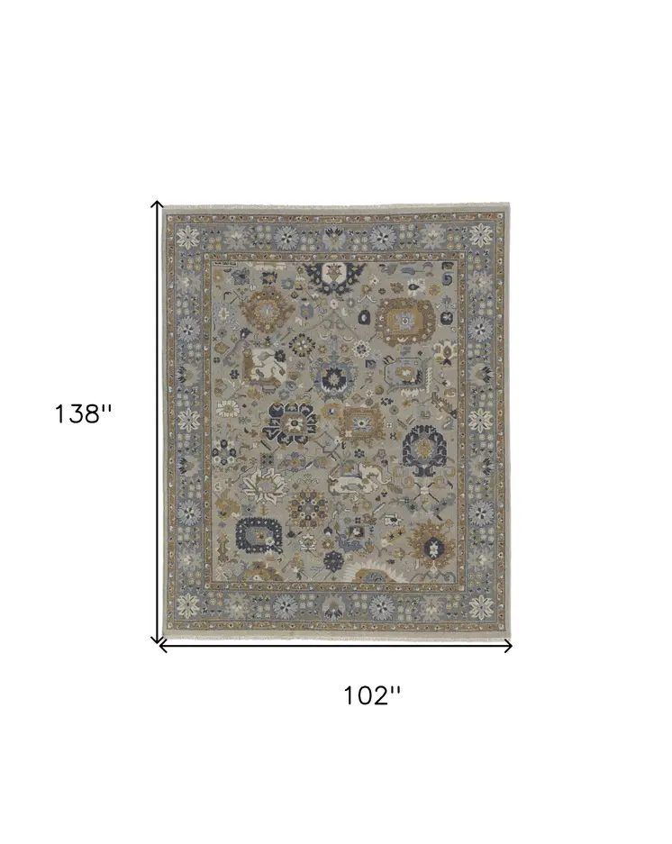 8' X 12' Gray and Brown Wool Oriental Hand Knotted Area Rug With Fringe