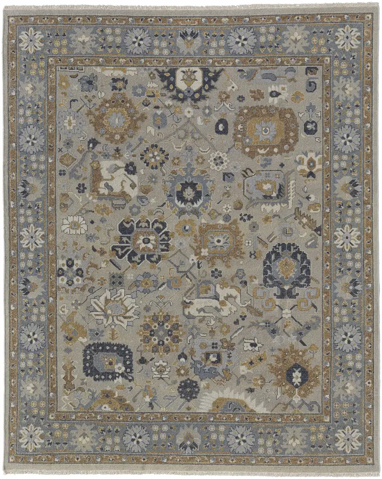 8' X 12' Gray and Brown Wool Oriental Hand Knotted Area Rug With Fringe