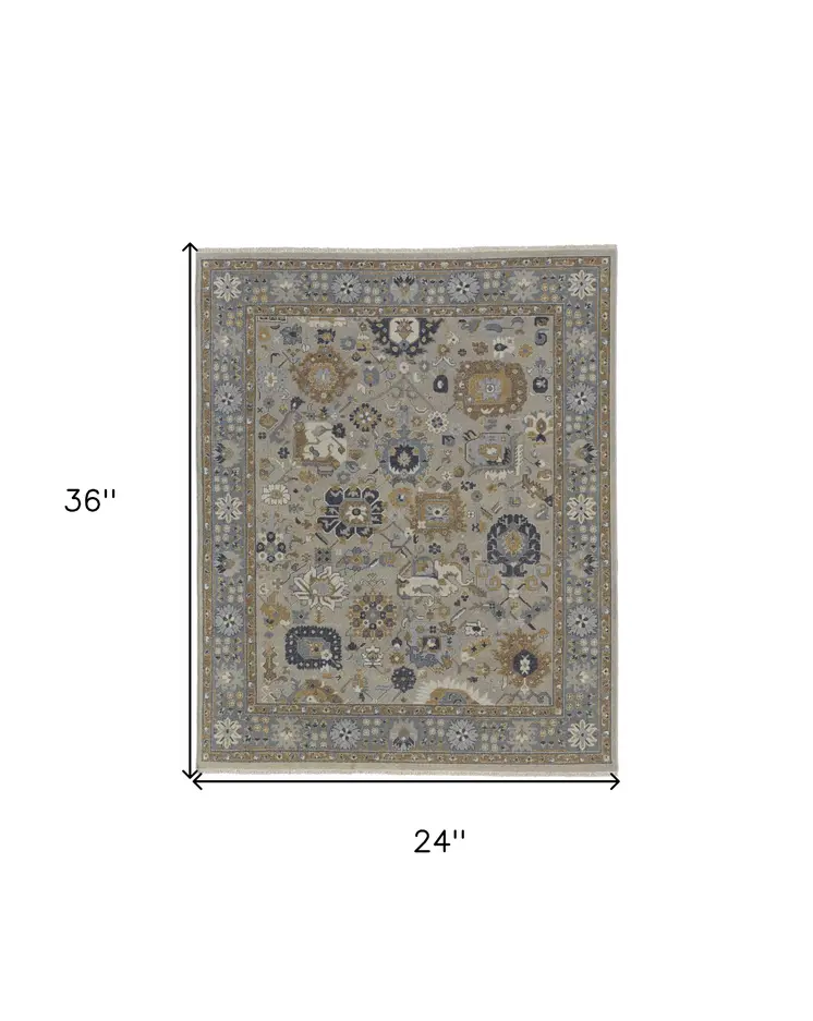 2' X 3' Gray and Brown Wool Oriental Hand Knotted Area Rug With Fringe