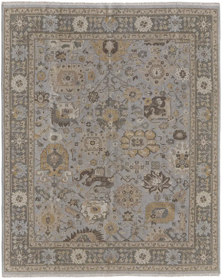 8' X 10' Gray and Brown Wool Oriental Hand Knotted Area Rug With Fringe
