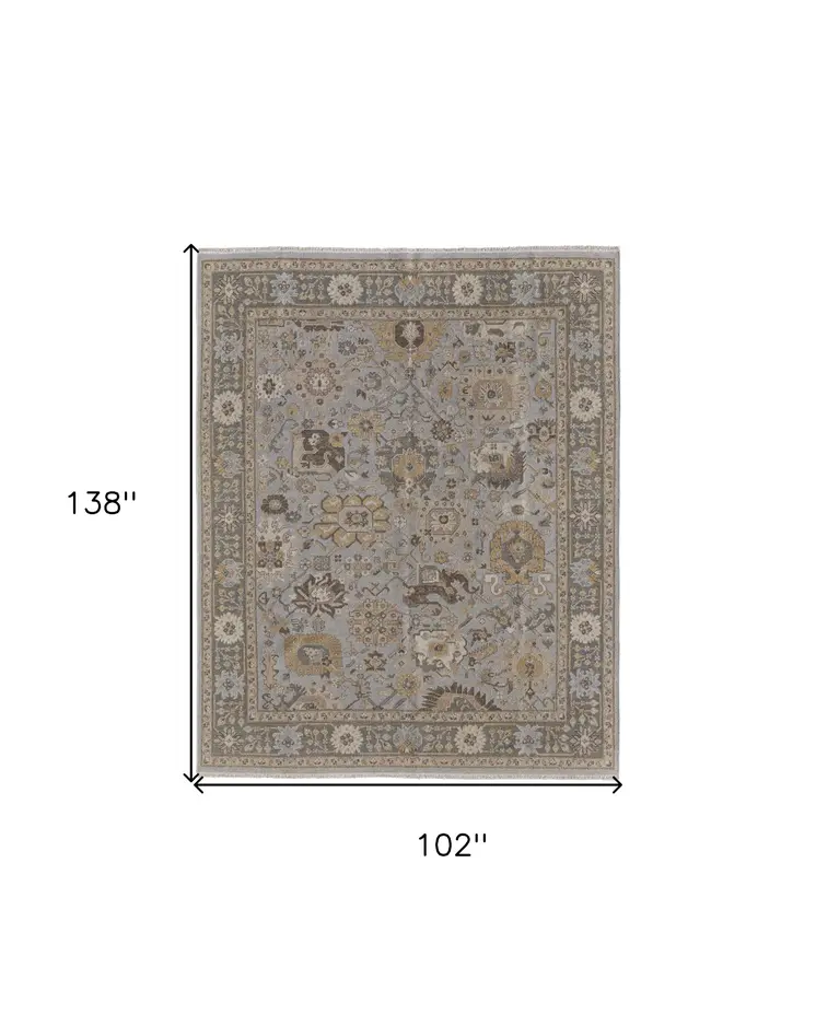 8' X 12' Gray and Brown Wool Oriental Hand Knotted Area Rug With Fringe