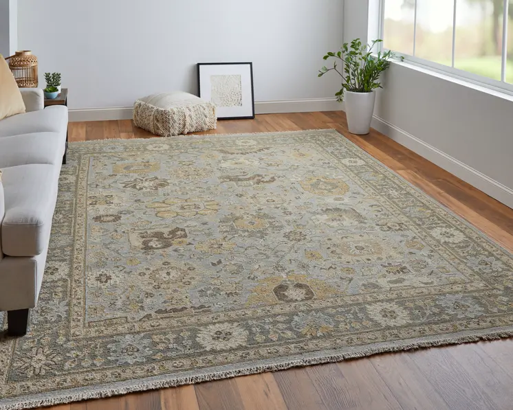 9' X 13' Gray and Brown Wool Oriental Hand Knotted Area Rug With Fringe