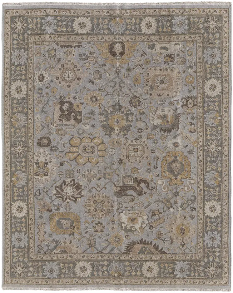 9' X 13' Gray and Brown Wool Oriental Hand Knotted Area Rug With Fringe