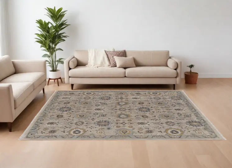 8' X 10' Tan Brown and Gray Wool Oriental Hand Knotted Area Rug With Fringe