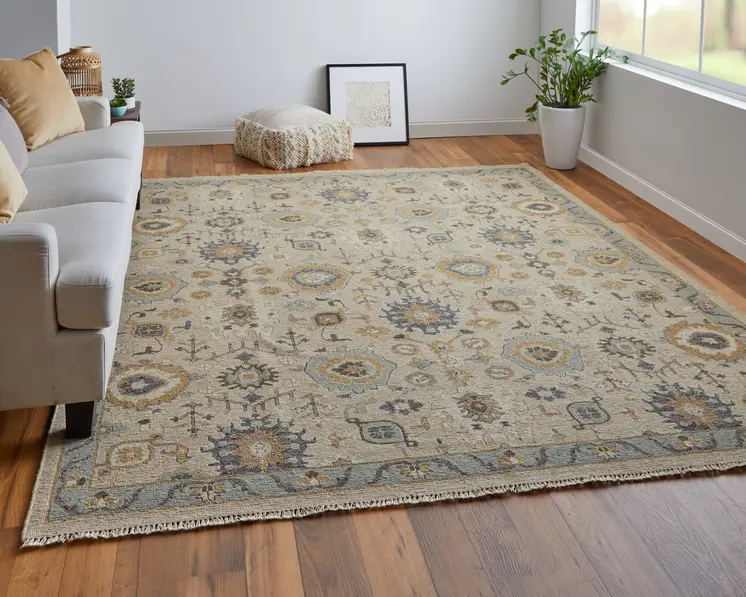 2' X 3' Tan Brown and Gray Wool Oriental Hand Knotted Area Rug With Fringe