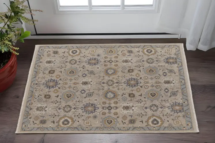 2' X 3' Tan Brown and Gray Wool Oriental Hand Knotted Area Rug With Fringe