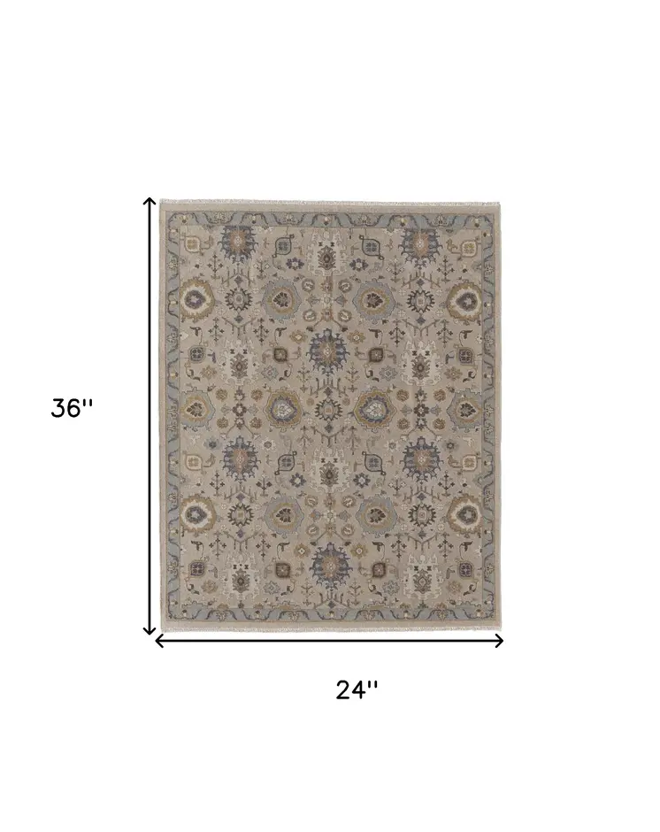 2' X 3' Tan Brown and Gray Wool Oriental Hand Knotted Area Rug With Fringe