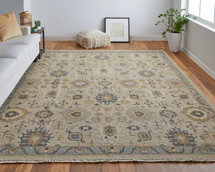 2' X 3' Tan Brown and Gray Wool Oriental Hand Knotted Area Rug With Fringe