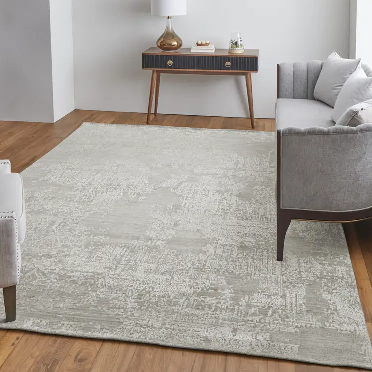 8' X 10' Gray and Ivory Abstract Hand Woven Worn Faded Area Rug
