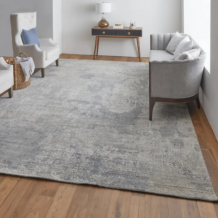 4' X 6' Gray and Silver Abstract Hand Woven Worn Faded Area Rug