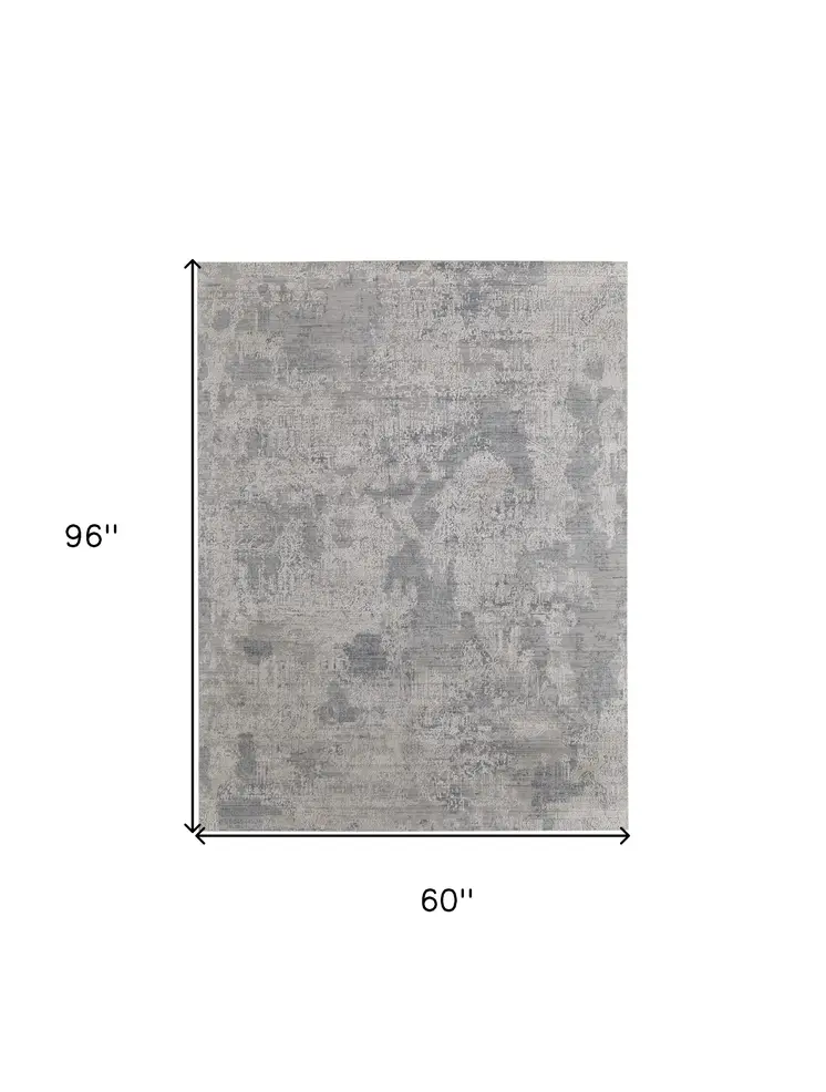 5' X 8' Gray and Silver Abstract Hand Woven Worn Faded Area Rug