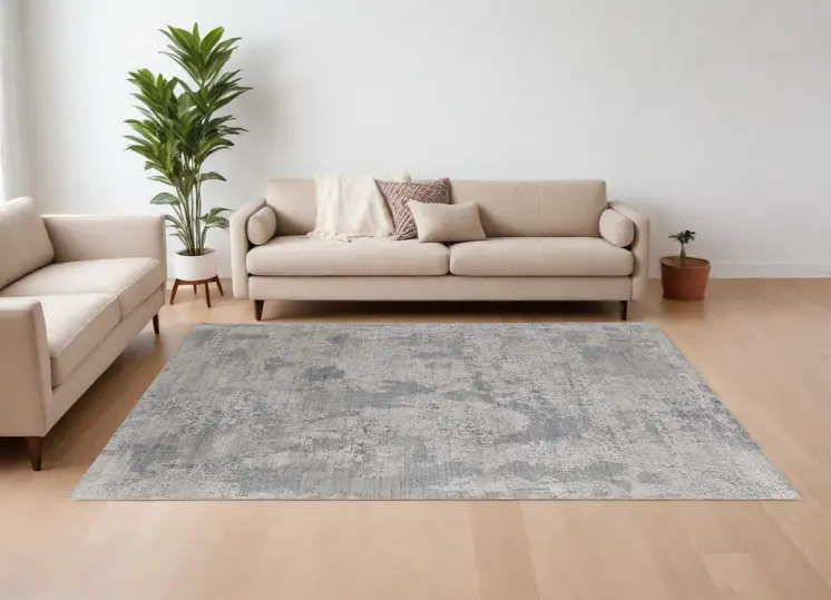 8' X 10' Gray and Silver Abstract Hand Woven Worn Faded Area Rug