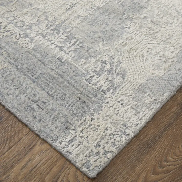 2' X 3' Gray and Silver Abstract Hand Woven Worn Faded Area Rug