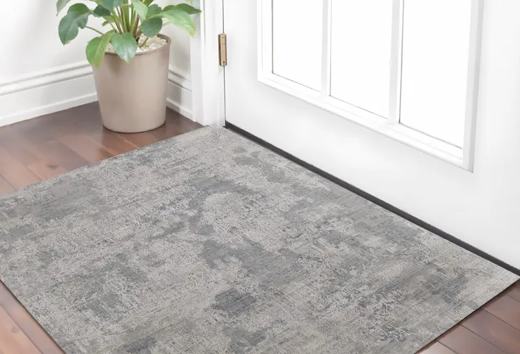 2' X 3' Gray and Silver Abstract Hand Woven Worn Faded Area Rug