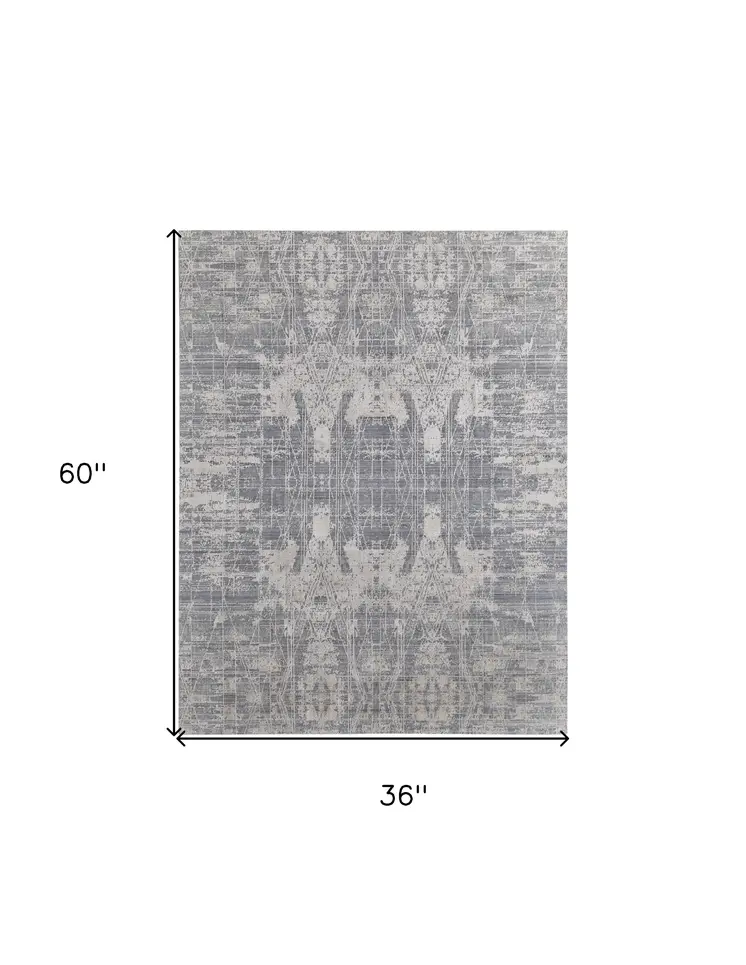 3' X 5' Gray and Silver Abstract Hand Woven Worn Faded Area Rug