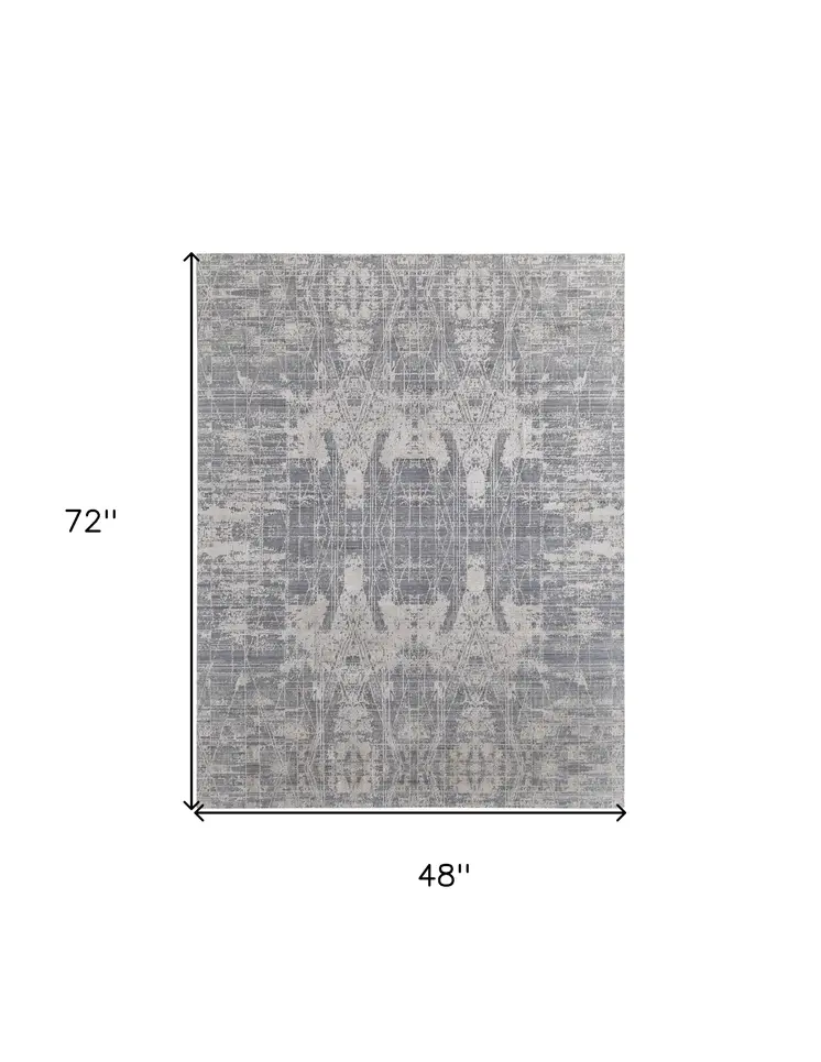 4' X 6' Gray and Silver Abstract Hand Woven Worn Faded Area Rug