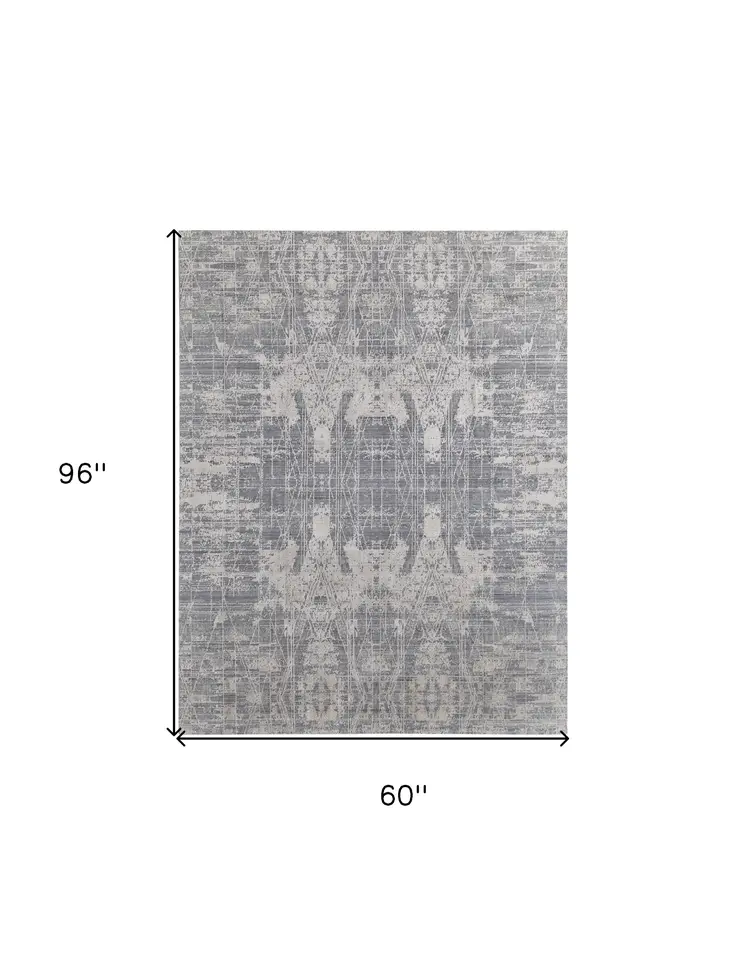 5' X 8' Gray and Silver Abstract Hand Woven Worn Faded Area Rug