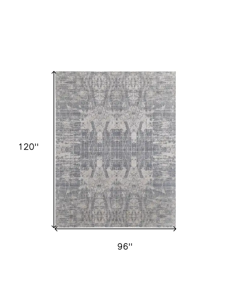 8' X 10' Gray and Silver Abstract Hand Woven Worn Faded Area Rug
