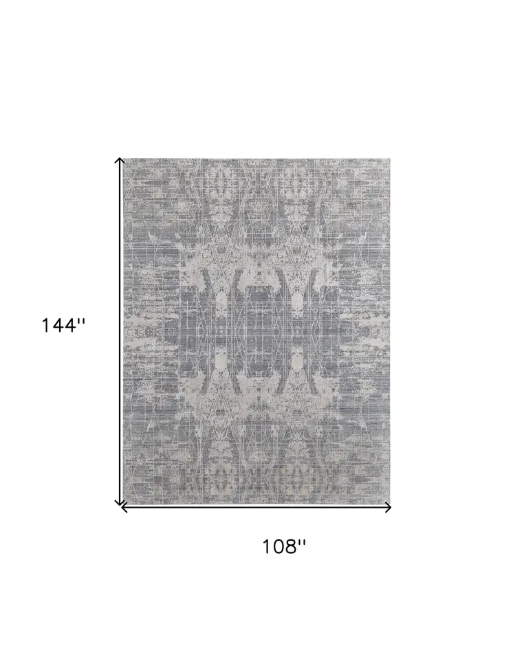 9' X 12' Gray and Silver Abstract Hand Woven Worn Faded Area Rug