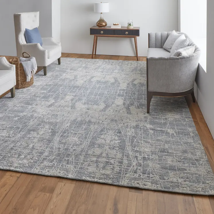 2' X 3' Gray and Silver Abstract Hand Woven Worn Faded Area Rug