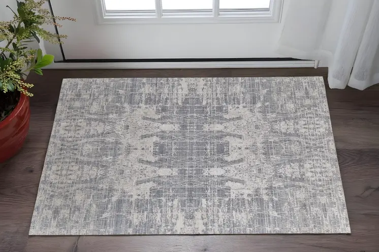 2' X 3' Gray and Silver Abstract Hand Woven Worn Faded Area Rug