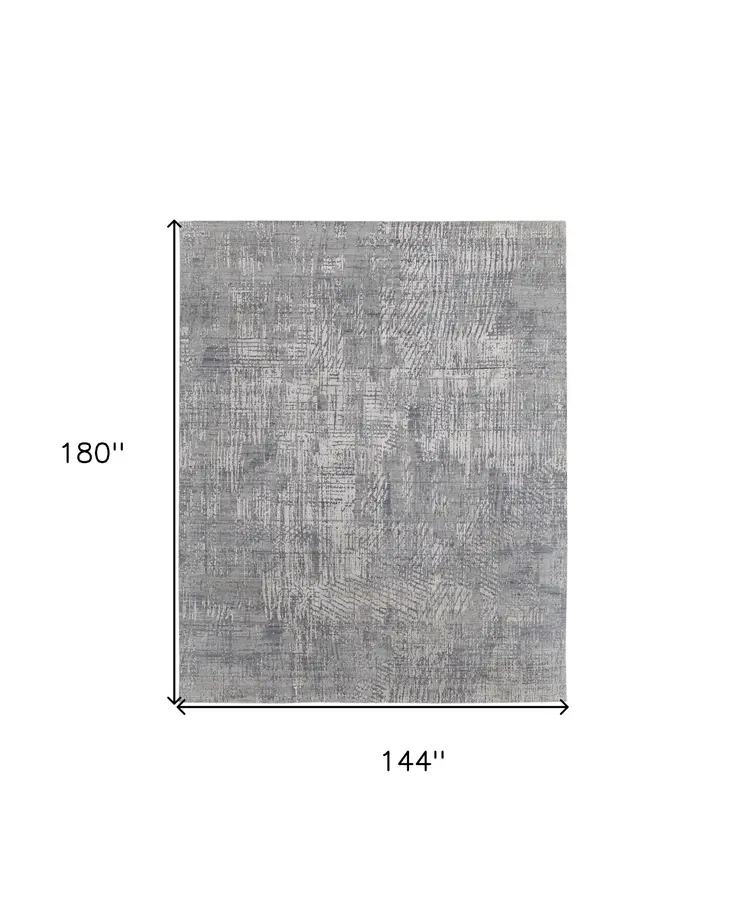 12' X 15' Gray and Silver Abstract Hand Woven Worn Faded Area Rug