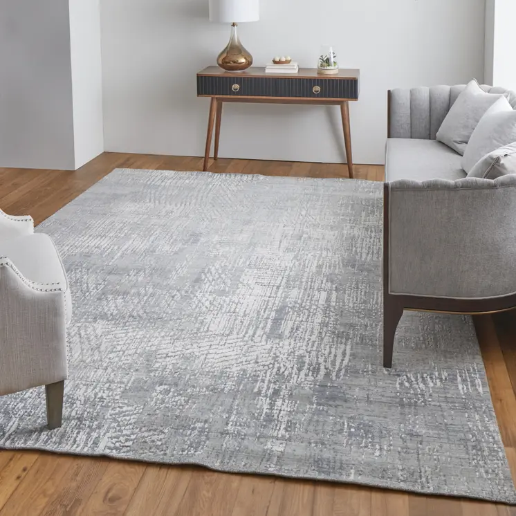 2' X 3' Gray and Silver Abstract Hand Woven Worn Faded Area Rug