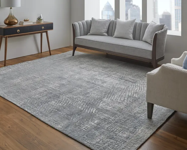 2' X 3' Gray and Silver Abstract Hand Woven Worn Faded Area Rug