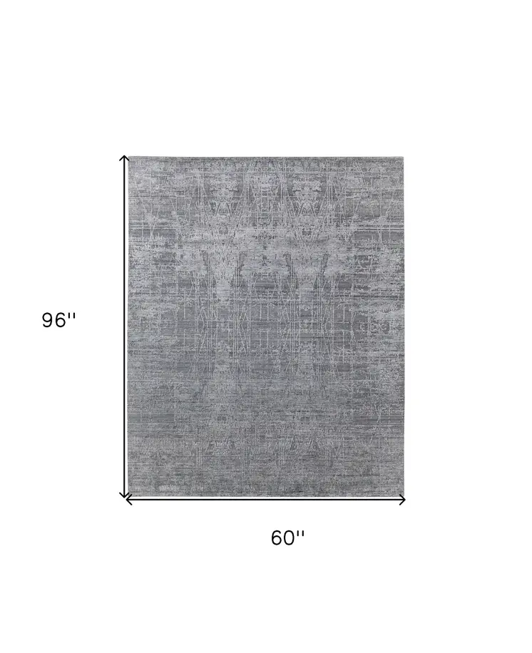 5' X 8' Gray and Silver Abstract Hand Woven Worn Faded Area Rug