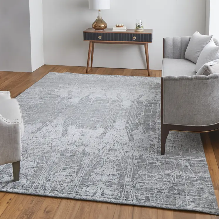 8' X 10' Gray and Silver Abstract Hand Woven Worn Faded Area Rug