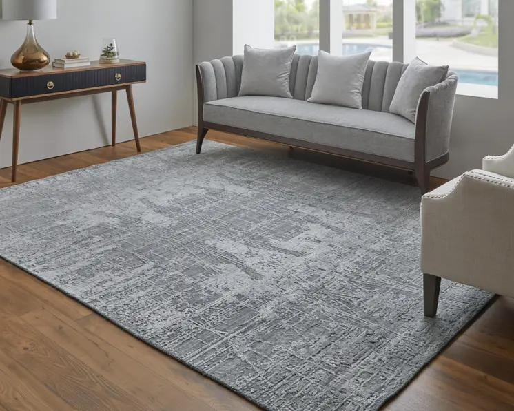 8' X 10' Gray and Silver Abstract Hand Woven Worn Faded Area Rug