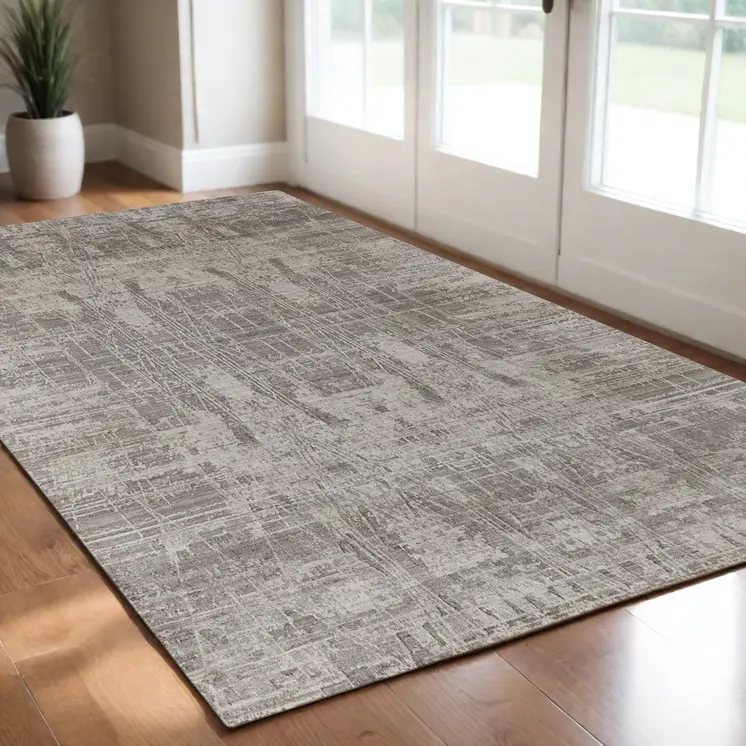 3' X 5' Gray and Silver Abstract Hand Woven Worn Faded Area Rug