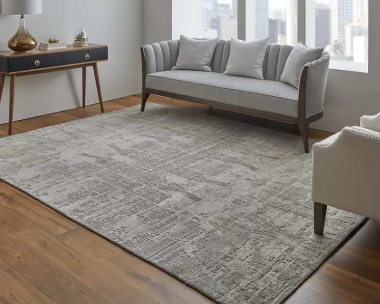 3' X 5' Gray and Silver Abstract Hand Woven Worn Faded Area Rug