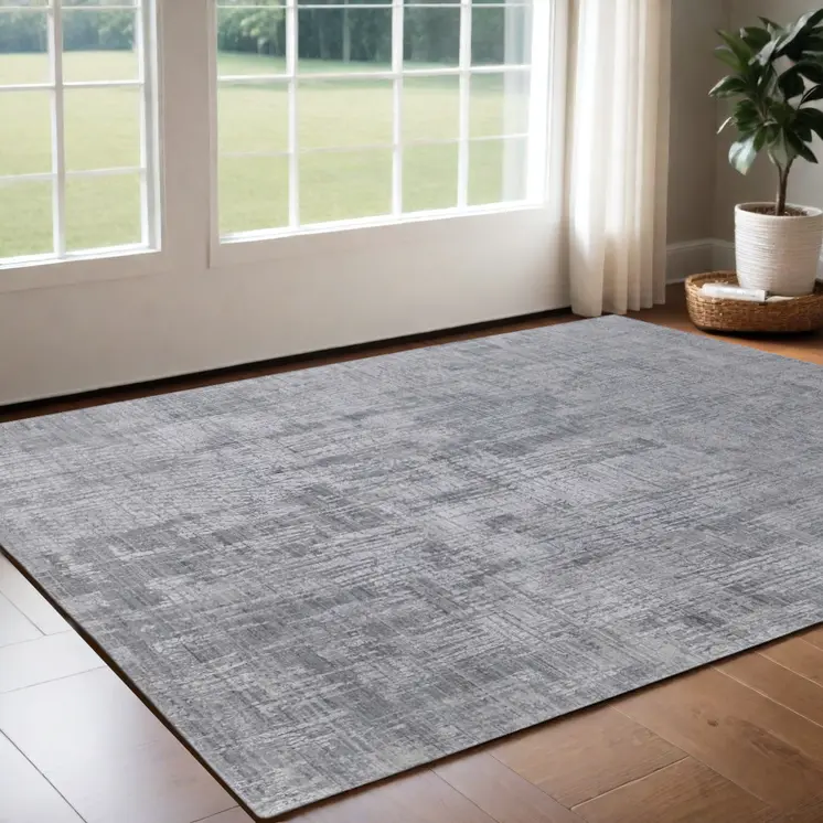 3' X 5' Light Blue and Silver Abstract Hand Woven Worn Faded Area Rug